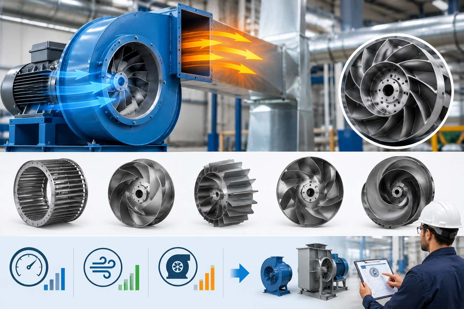 Impeller geometry impact on airflow and static pressure in centrifugal blowers