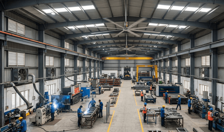  industrial HVLS fan installed in factory for energy efficient cooling